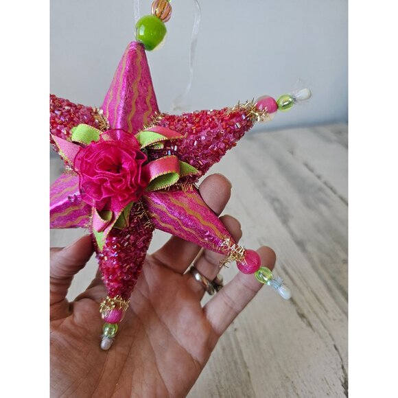 Sequin star beaded ribbon ornament pink Xmas tree green very unique well made - Picture 7 of 9